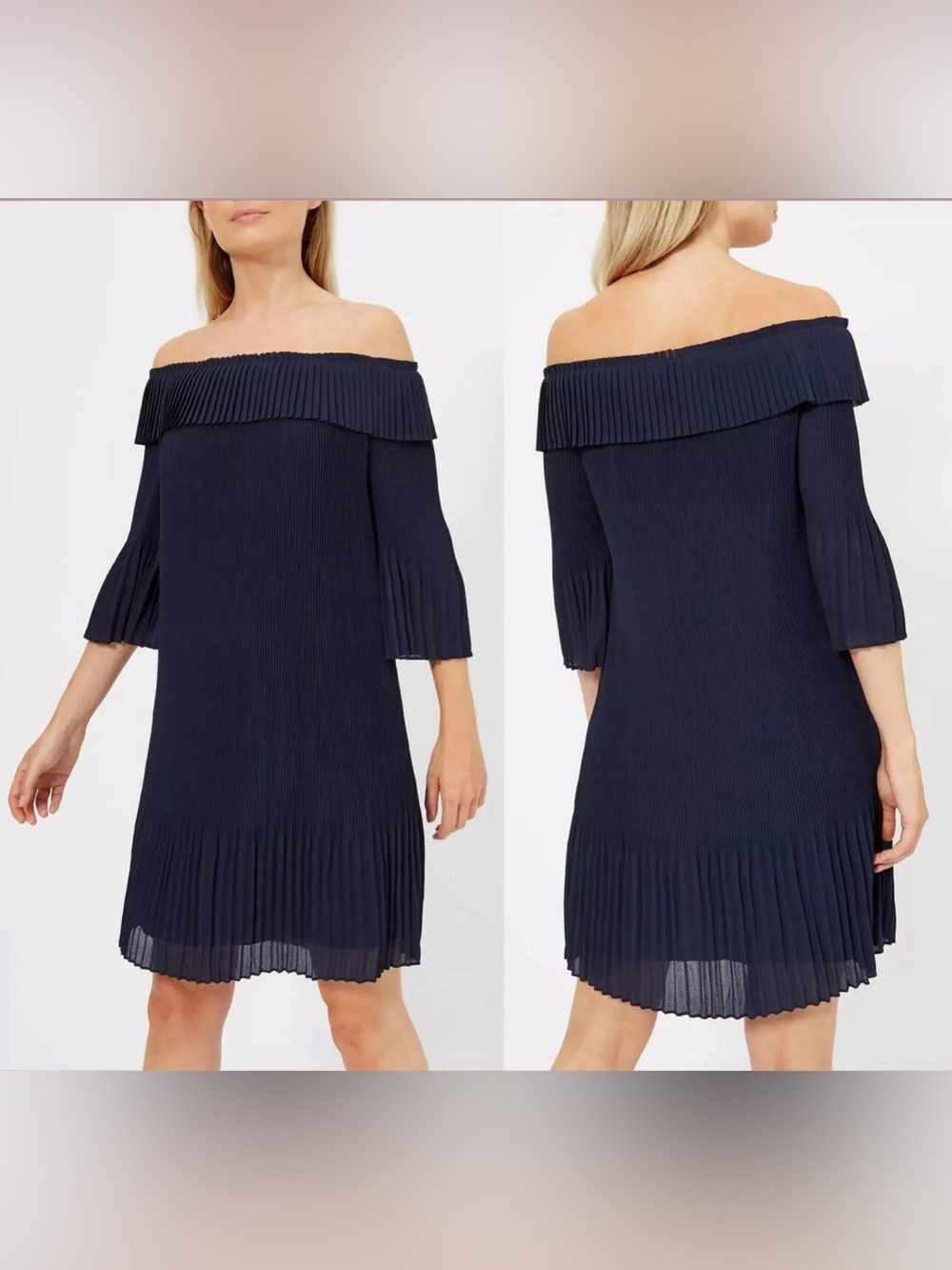 Ted Baker Navy Off-the-Shoulder Pleated Dress
